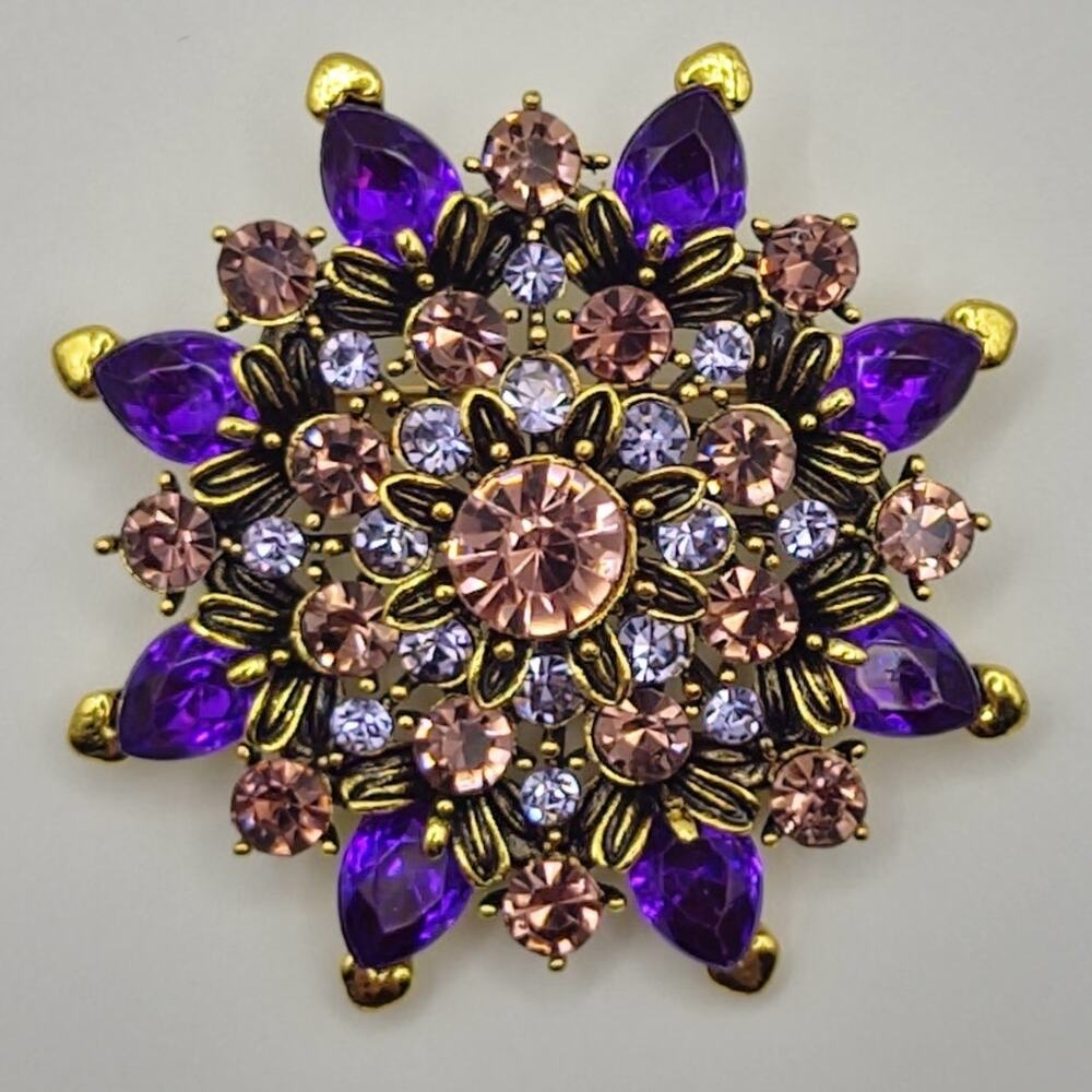 Floral Brooch Deep & Light Purple Rhinestones & Faux Jewels Gold Tone Metal Back